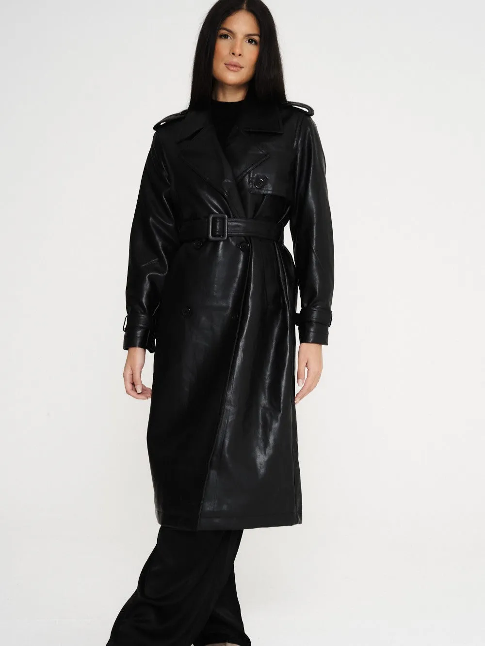 Faux Leather Trench Coat - Black