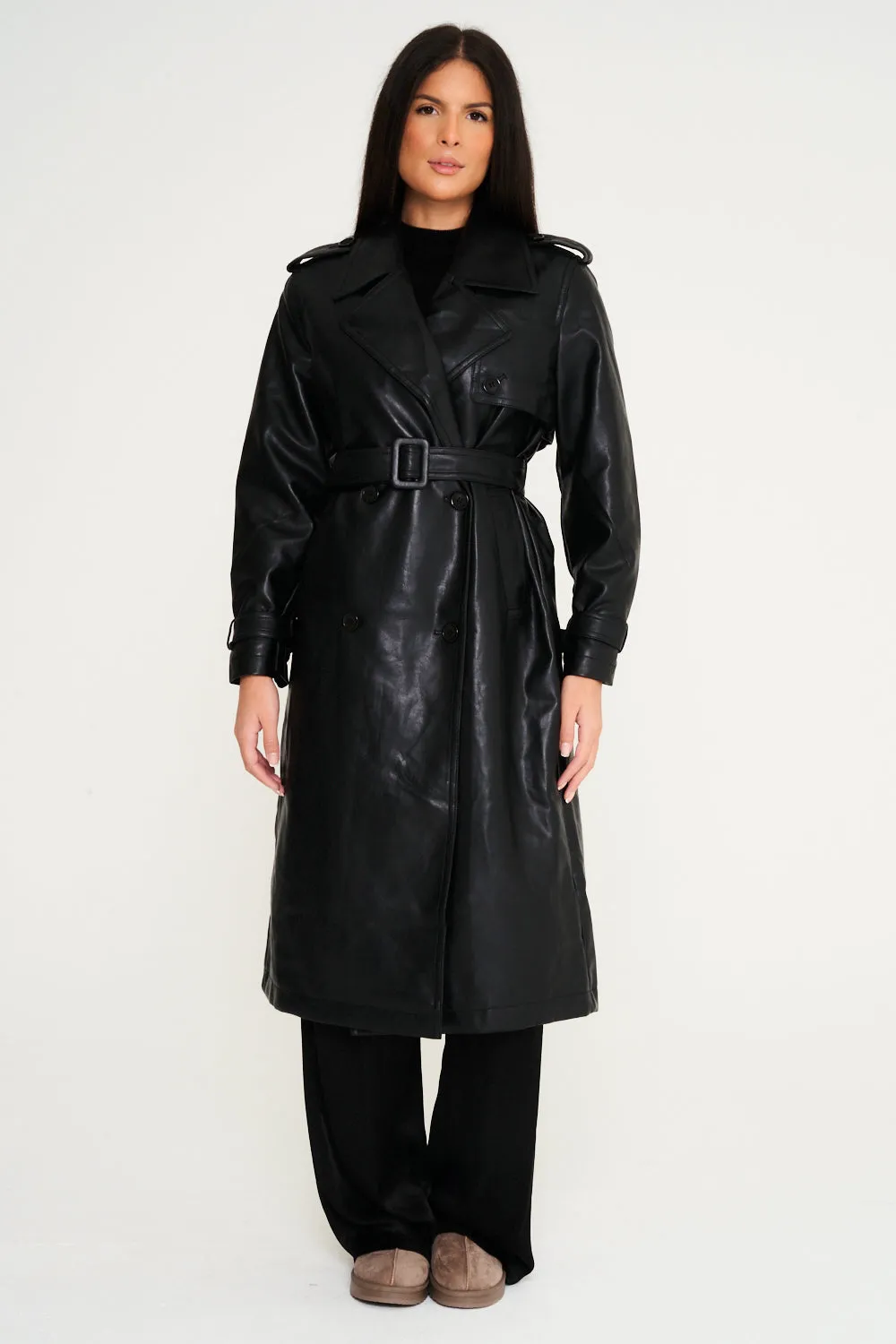 Faux Leather Trench Coat - Black