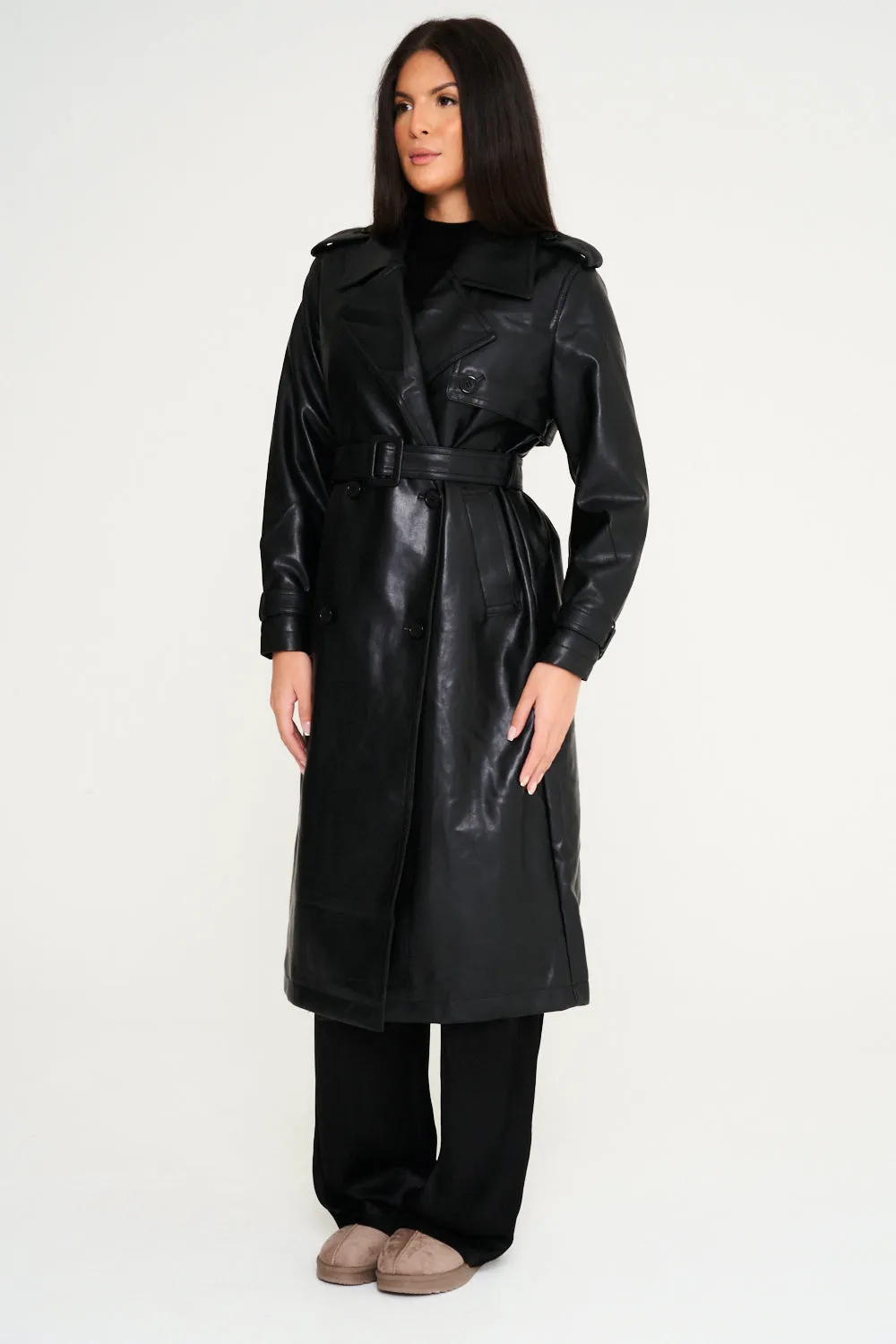 Faux Leather Trench Coat - Black