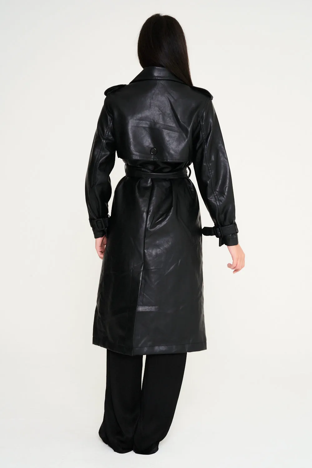 Faux Leather Trench Coat - Black