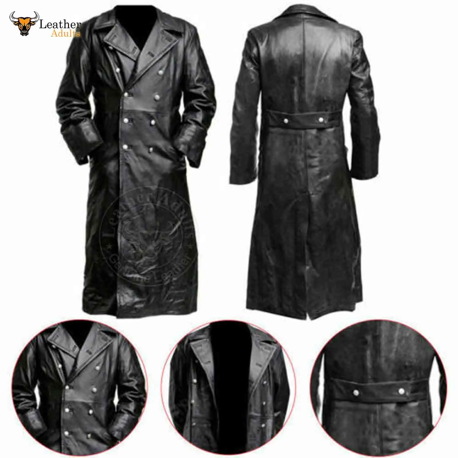 German Classic WW2 Officer Military Uniform Mens Black Real Leather Winter Long Coat