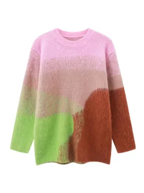 Gradient Colorful O-neck Women's Thicken Sweater Long Sleeve Elegant Lady Pullover 2023 Chic Casual Party High Street C-238