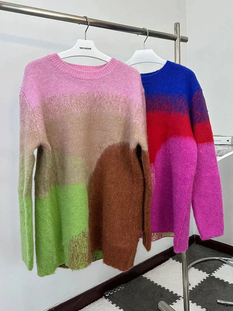 Gradient Colorful O-neck Women's Thicken Sweater Long Sleeve Elegant Lady Pullover 2023 Chic Casual Party High Street C-238