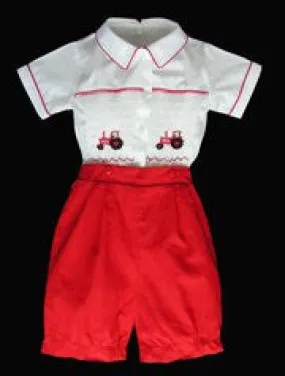 Hand Smocked Boys Tractors Outfit Buttons On Red Shorts