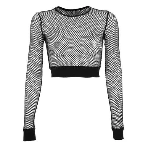 Harajuku Mesh Fishnet Crop Top See Through Sexy Black Transparent Long Sleeve