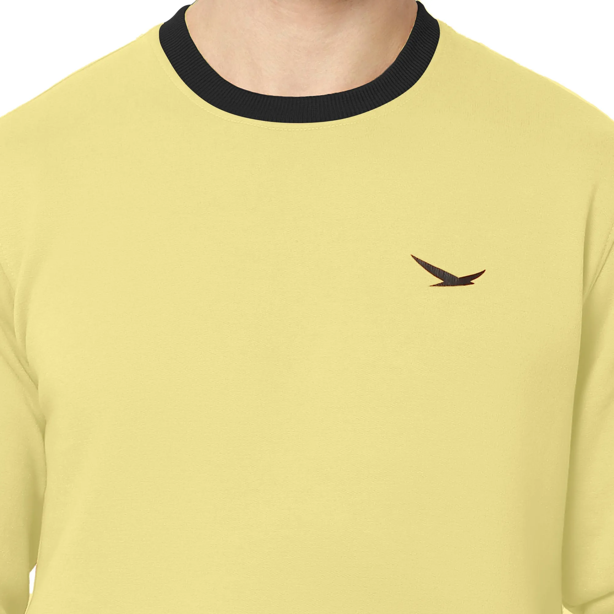 Hiflyers Men Slim Fit Cotrast Rib Cotton Fleece Round Neck Sweatshirt -Yellow