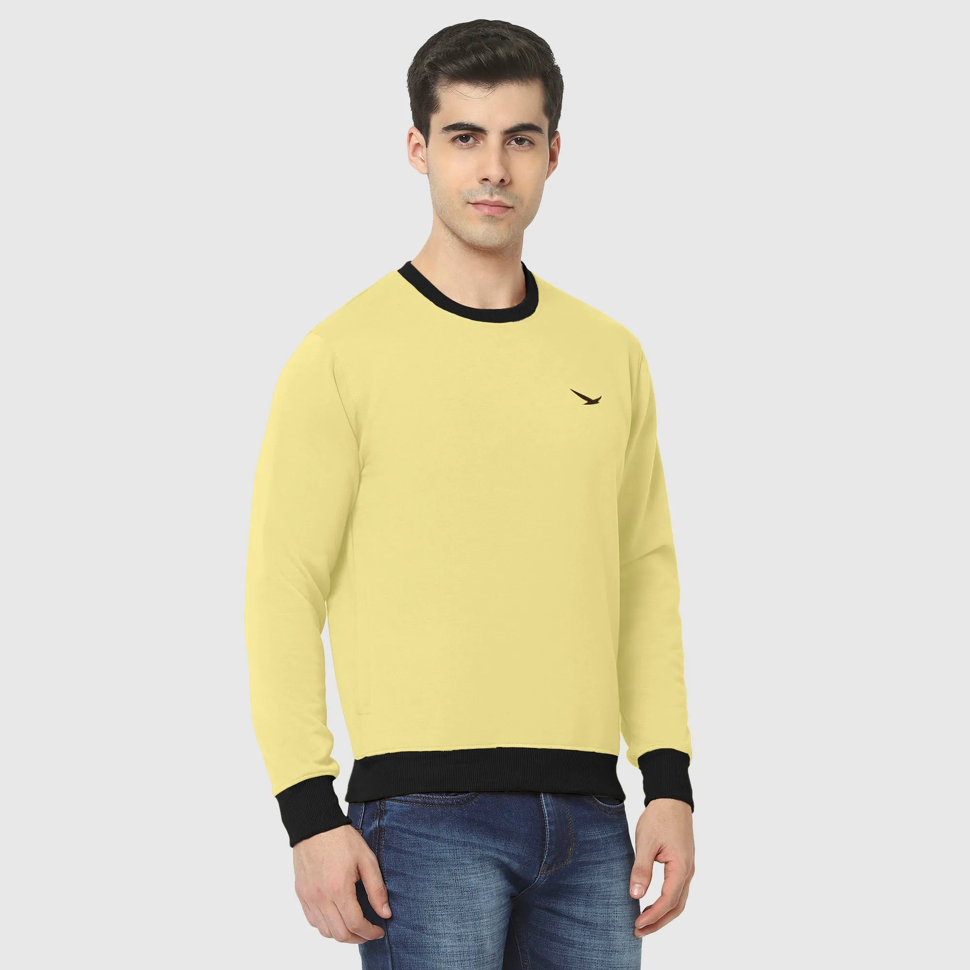 Hiflyers Men Slim Fit Cotrast Rib Cotton Fleece Round Neck Sweatshirt -Yellow