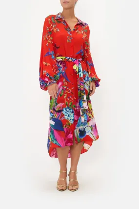 HIGH LOW MIDI SHIRT DRESS BIRDS OF A FEATHER