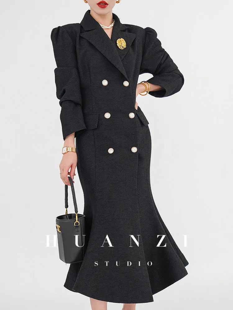 Huanzi vintage retro fishtail timeless classic long coat jacket - Micewo