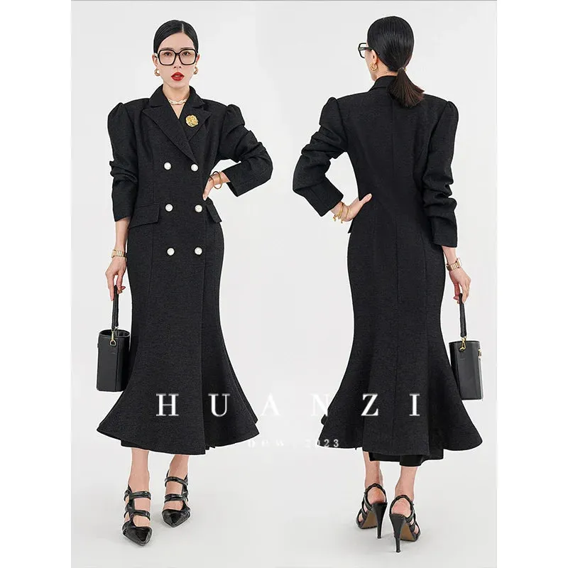 Huanzi vintage retro fishtail timeless classic long coat jacket - Micewo