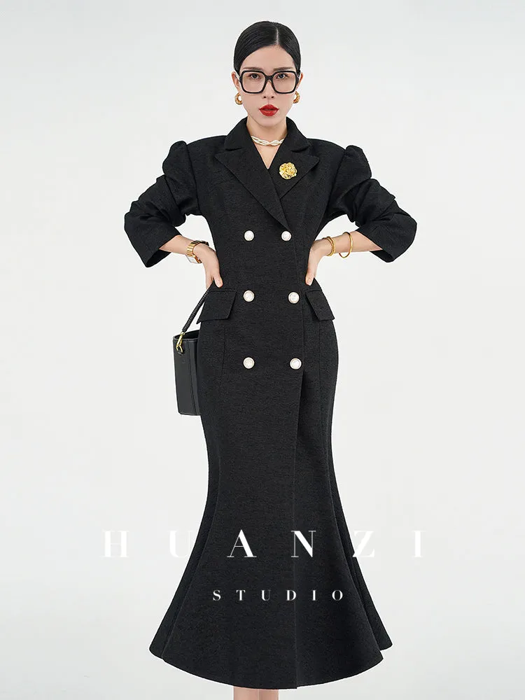 Huanzi vintage retro fishtail timeless classic long coat jacket - Micewo