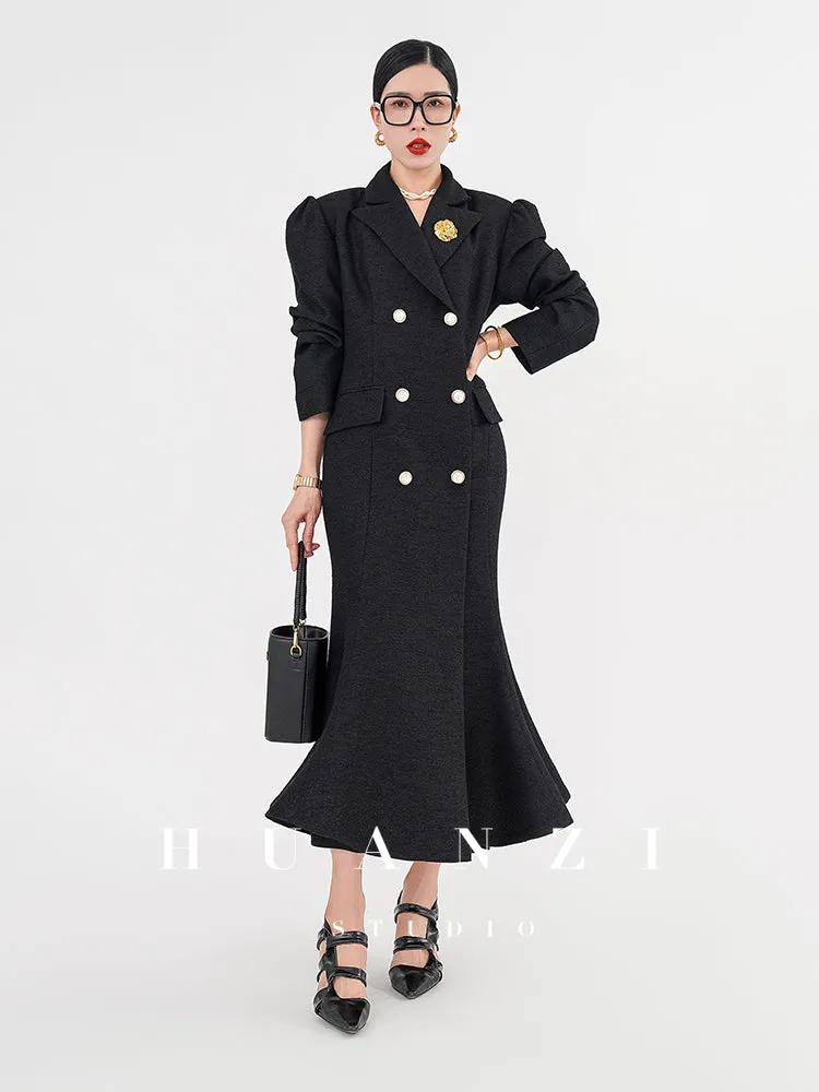 Huanzi vintage retro fishtail timeless classic long coat jacket - Micewo