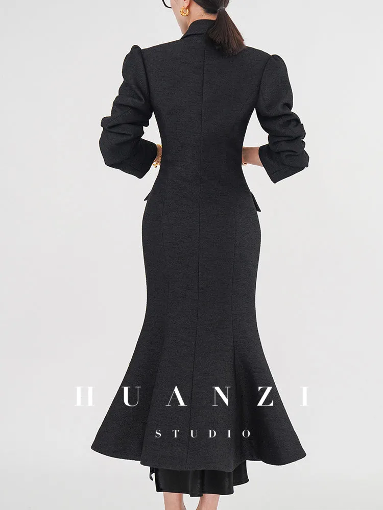 Huanzi vintage retro fishtail timeless classic long coat jacket - Micewo