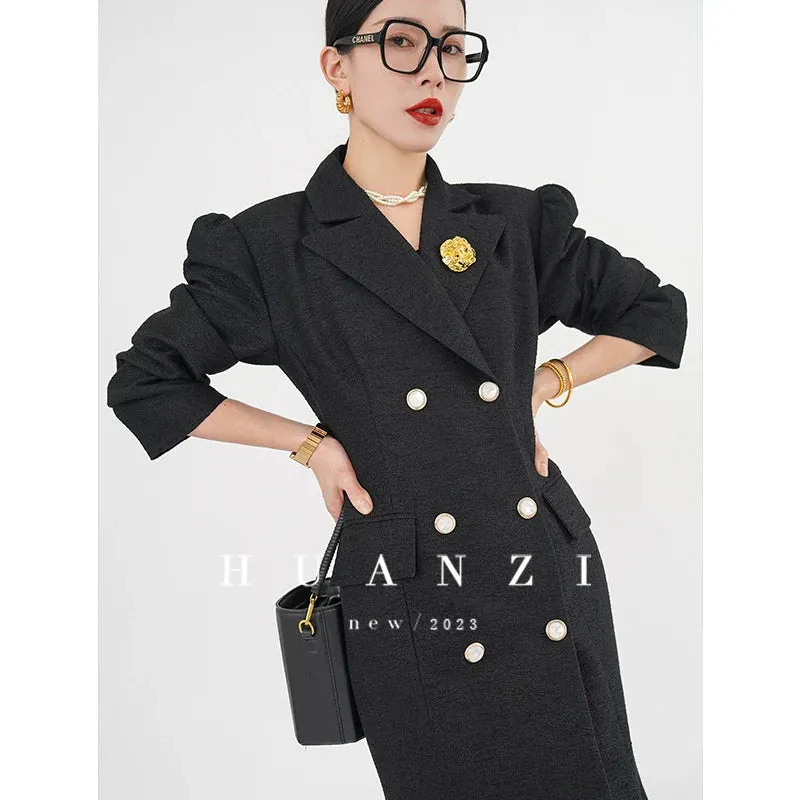 Huanzi vintage retro fishtail timeless classic long coat jacket - Micewo