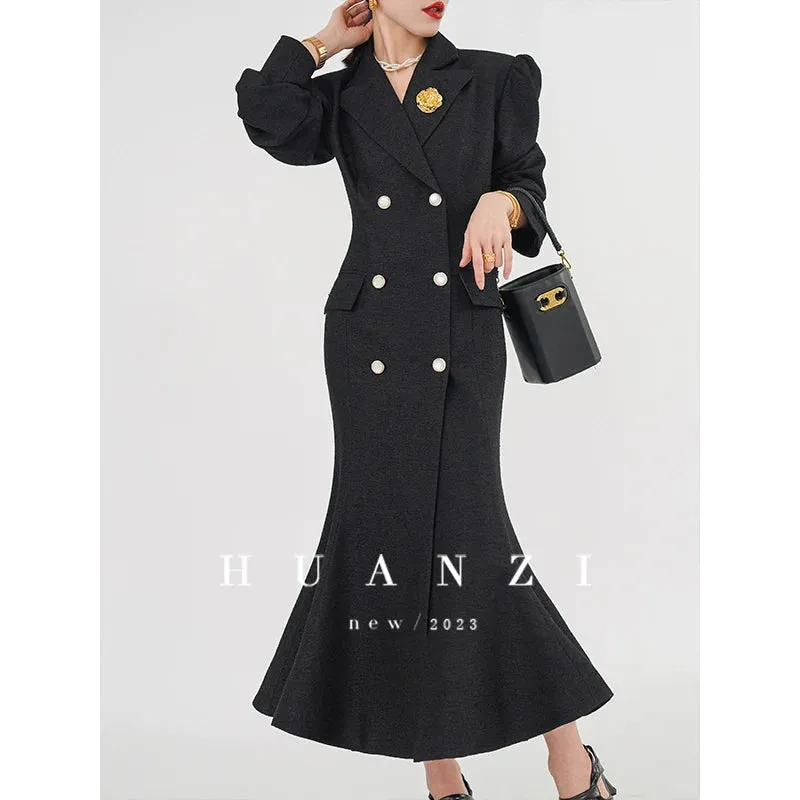 Huanzi vintage retro fishtail timeless classic long coat jacket - Micewo