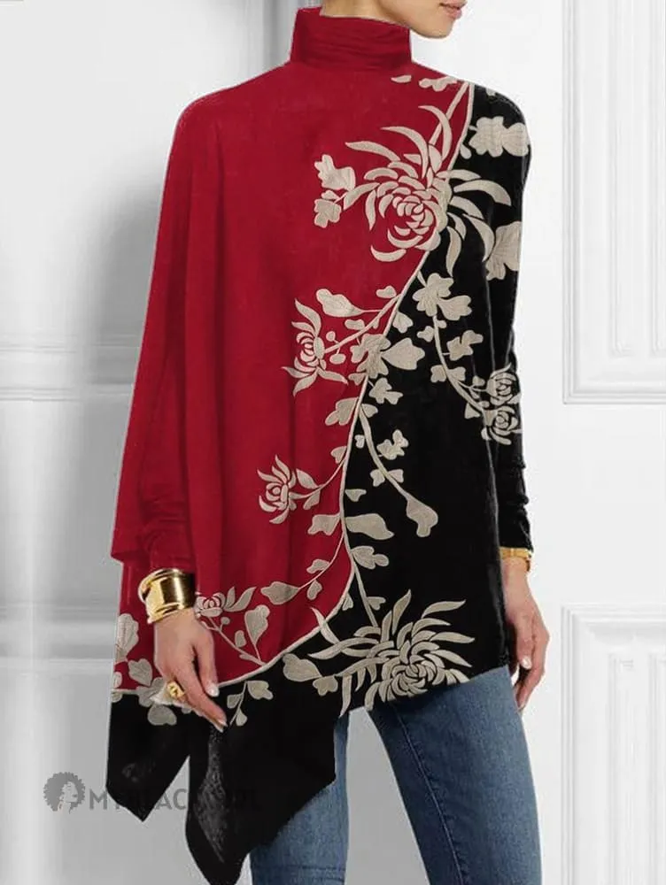 Ivyshape | Contrast Embroidered Chrysanthemum Top