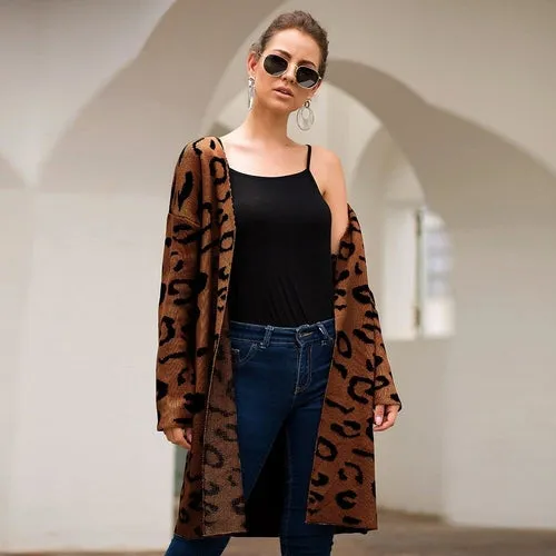 Leopard Print Open Front  Full Length Cardigan Sweater