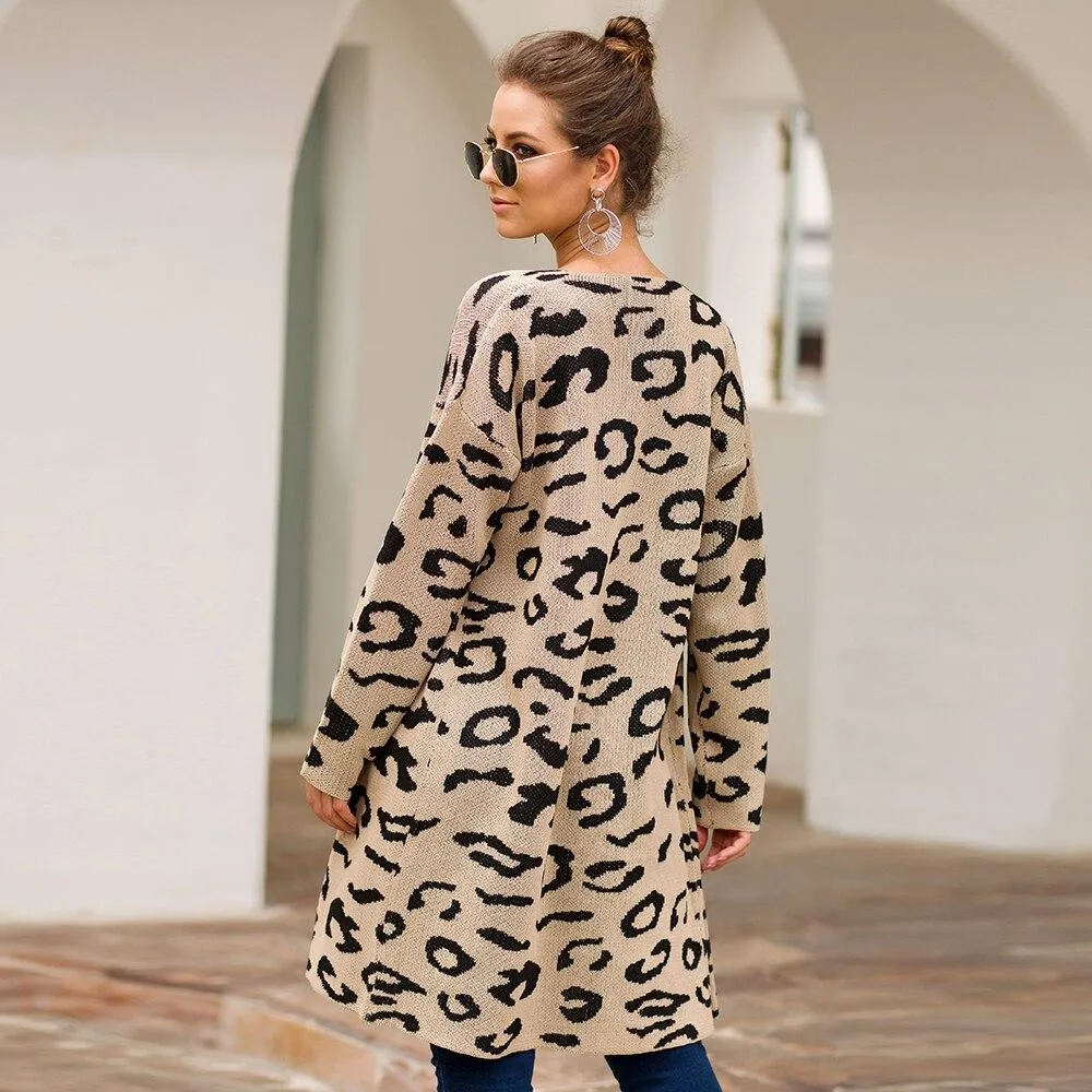 Leopard Print Open Front  Full Length Cardigan Sweater