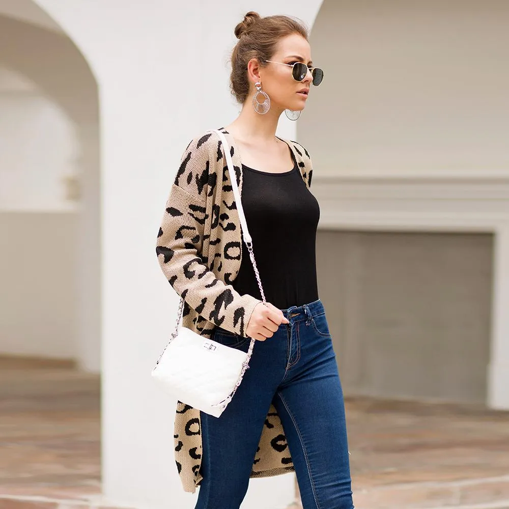 Leopard Print Open Front  Full Length Cardigan Sweater