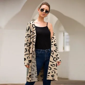 Leopard Print Open Front  Full Length Cardigan Sweater