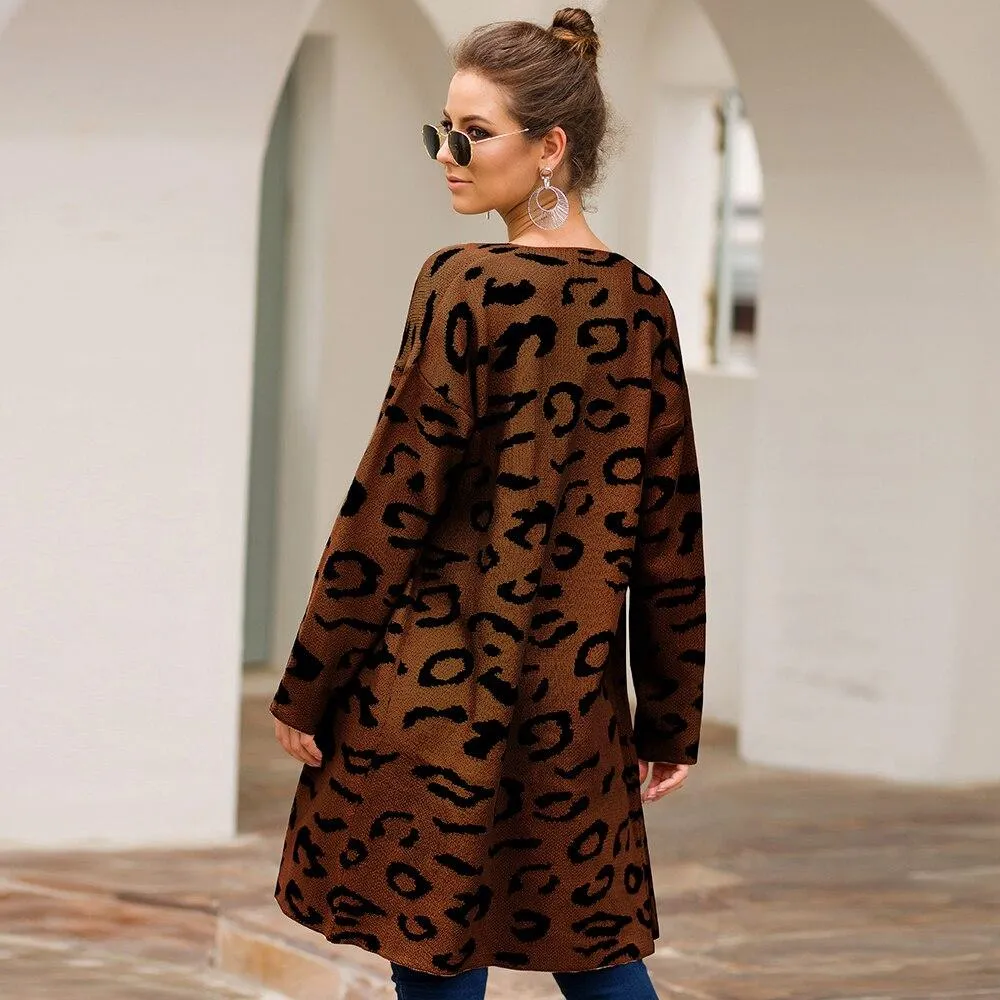 Leopard Print Open Front  Full Length Cardigan Sweater