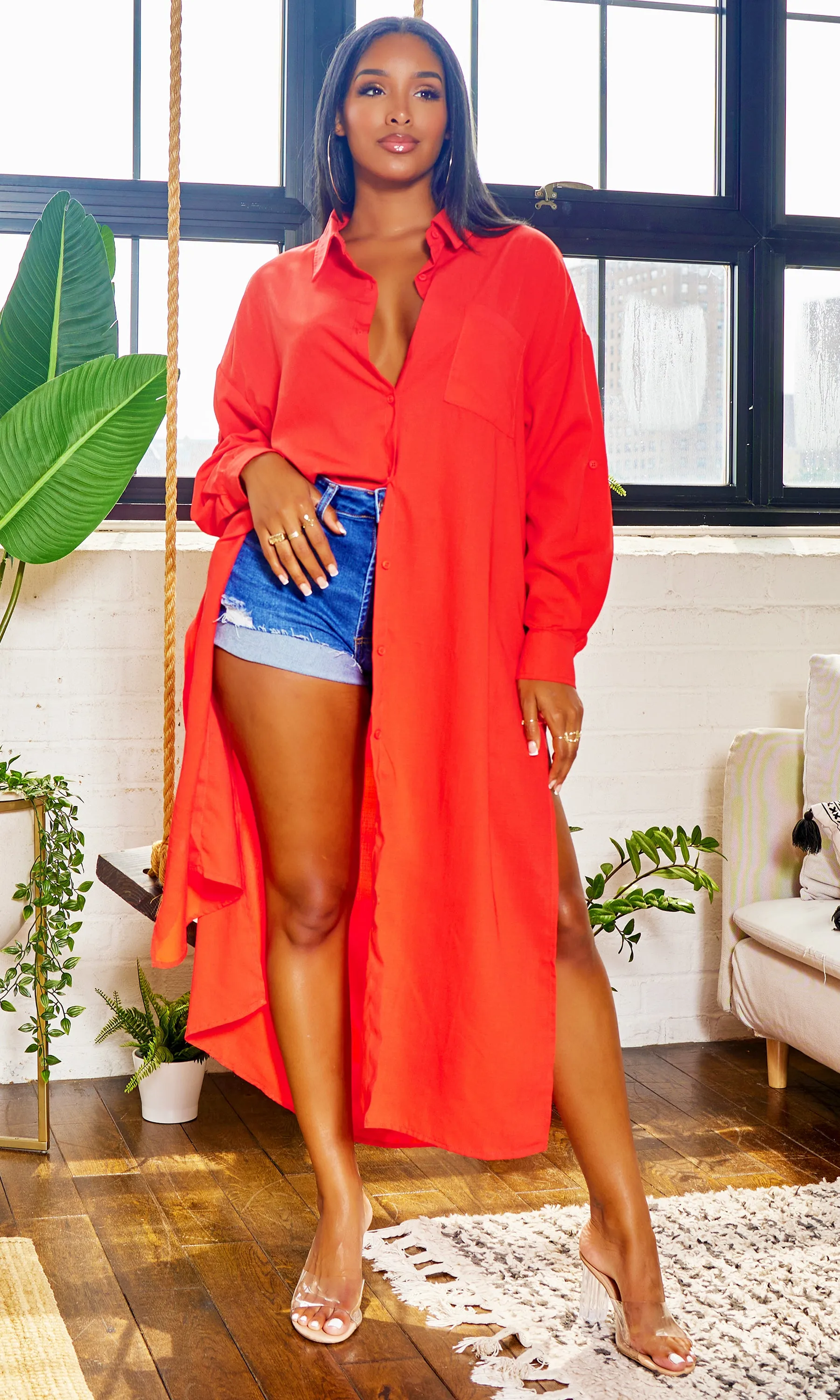 Maddie Love | Oversized Shirt Dress - Tomato/ Burnt Orange FINAL SALE