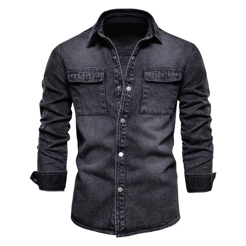 Men's Essential Button Down Long Sleeve Washed Denim Shirt-6001