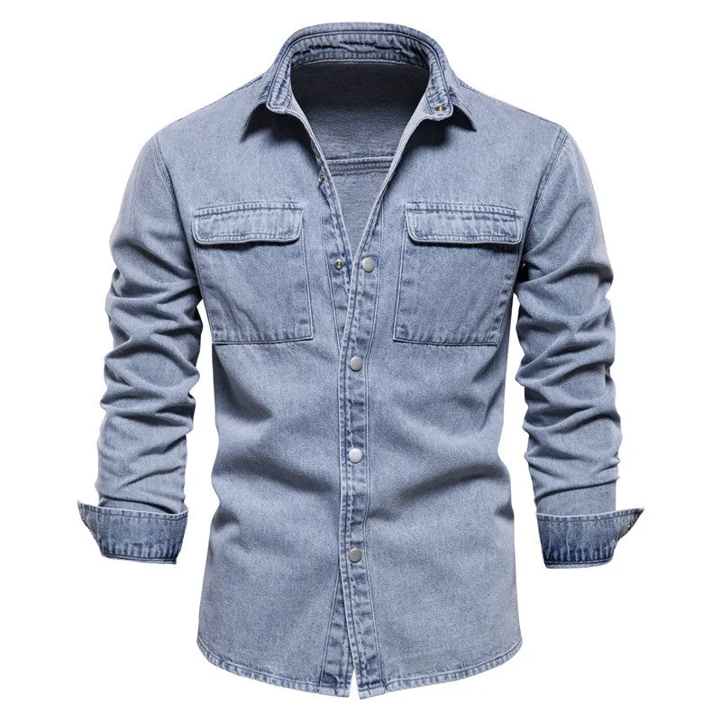 Men's Essential Button Down Long Sleeve Washed Denim Shirt-6001