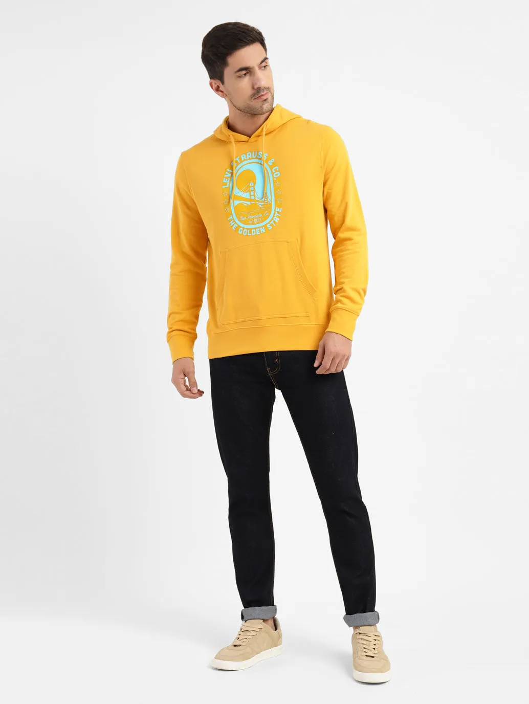 Men's Graphic Print Hooded Sweatshirt Yellow