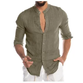 Men'S Linen Button Stand Collar Long Sleeve Shirt