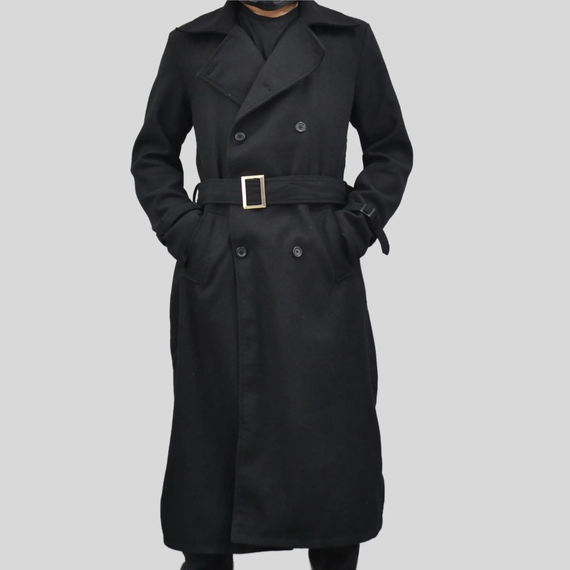 Men's Long Black Double-Breasted Genuine Wool Belted Trench Coat