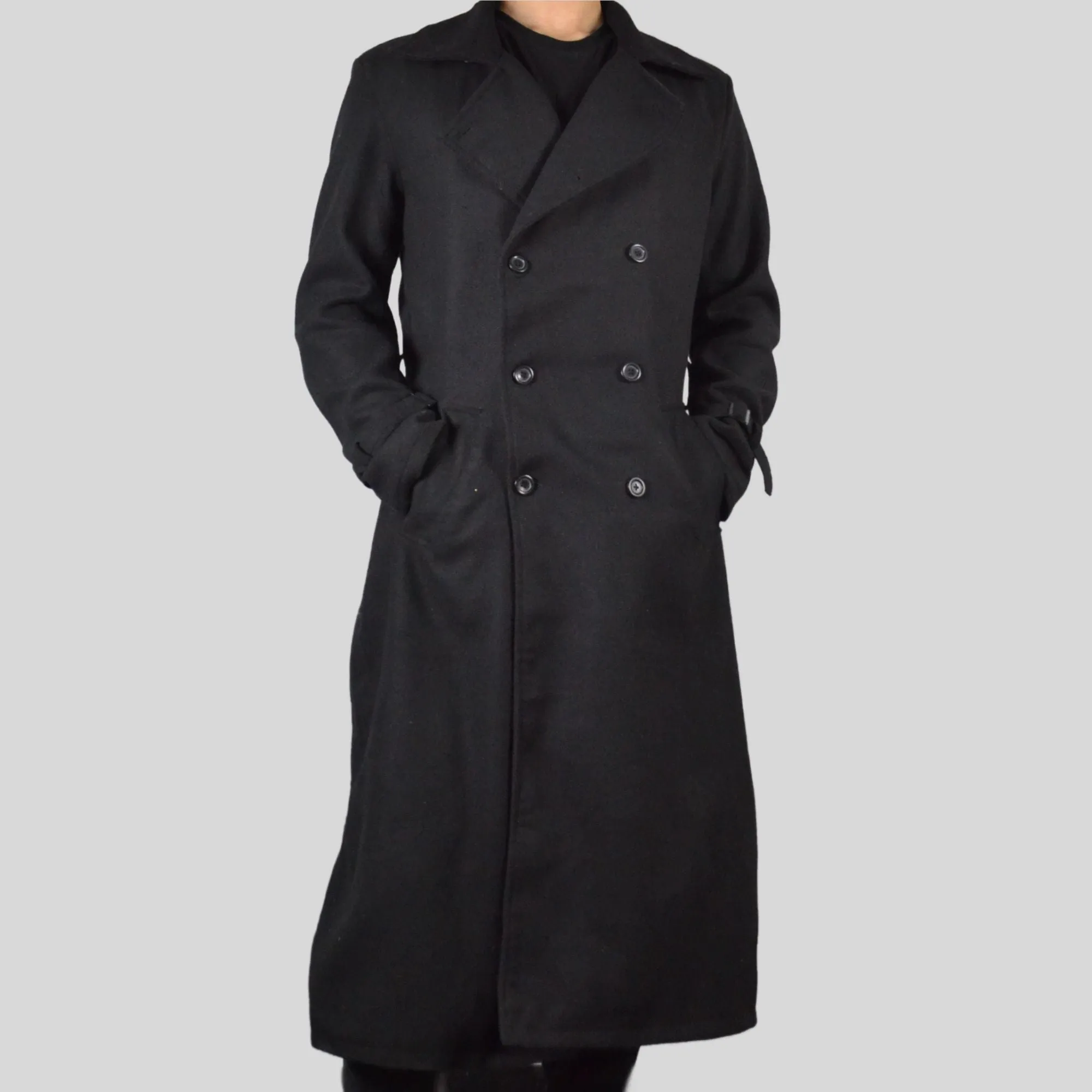 Men's Long Black Double-Breasted Genuine Wool Belted Trench Coat