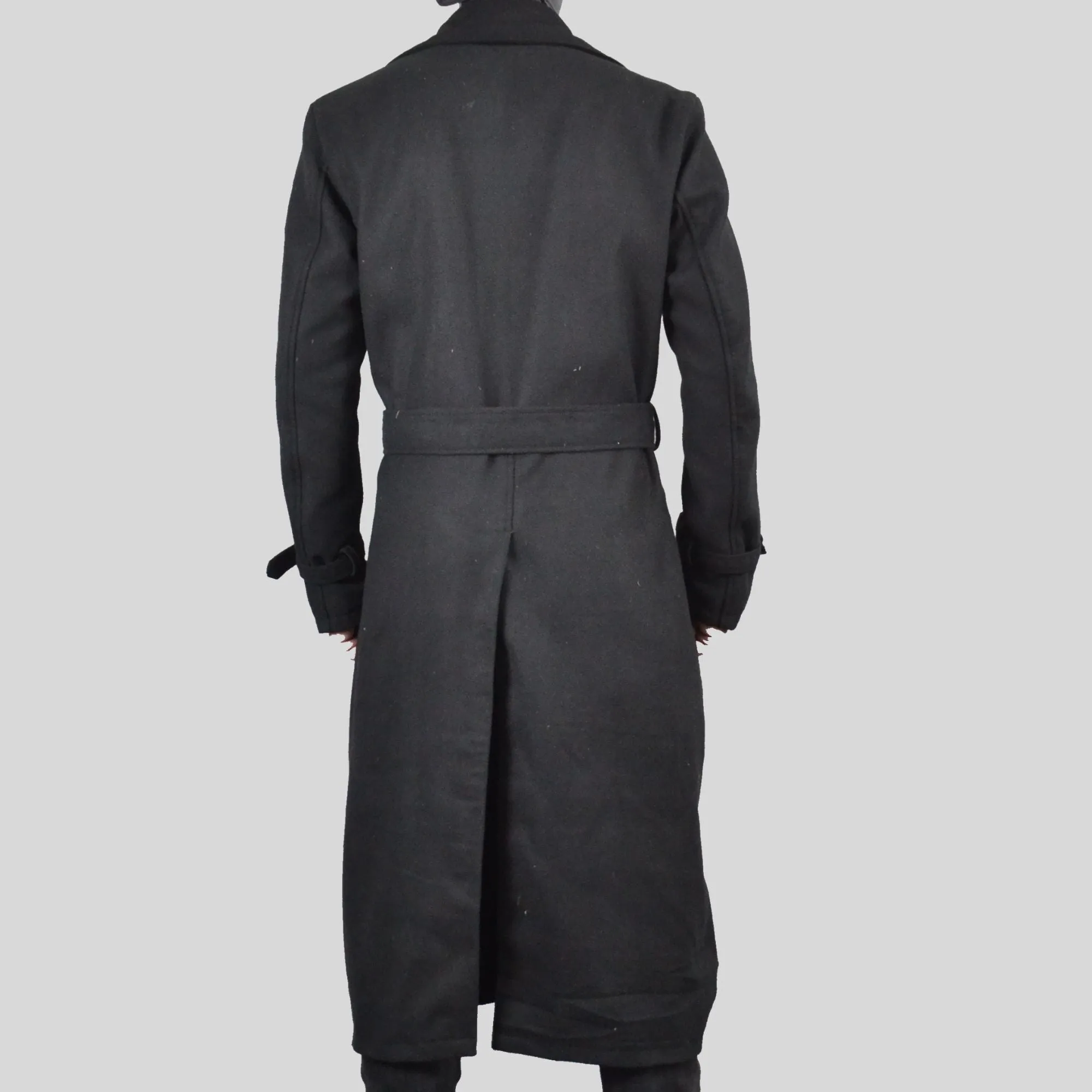 Men's Long Black Double-Breasted Genuine Wool Belted Trench Coat