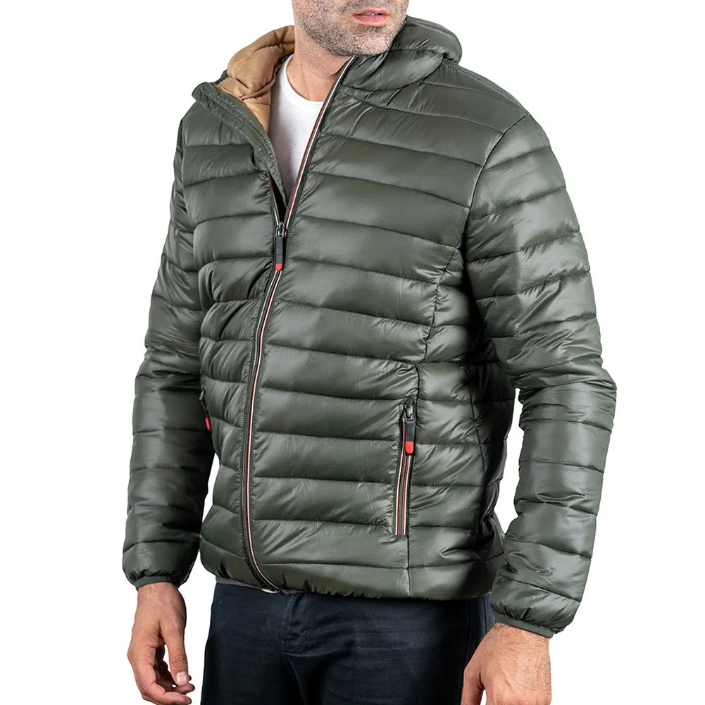 Mens Puffer Hooded Jacket Lightweight Insulated Slim Fit Fall Winter