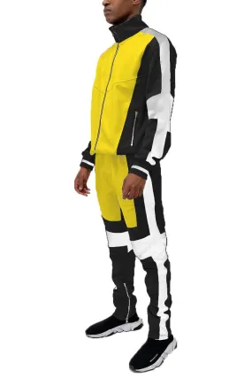 Men's Yellow Black White Moto Color Block Tracksuit Set