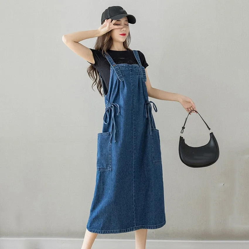 Nostalgic Vibe Drawstring Denim Overall Dress