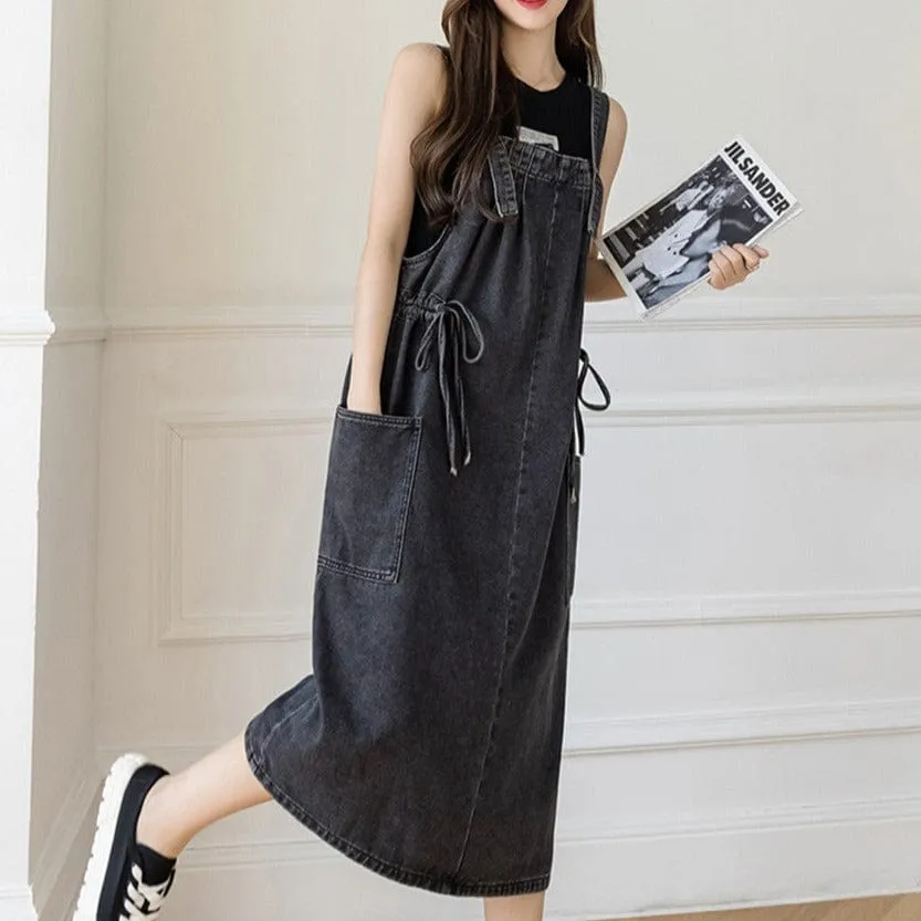 Nostalgic Vibe Drawstring Denim Overall Dress