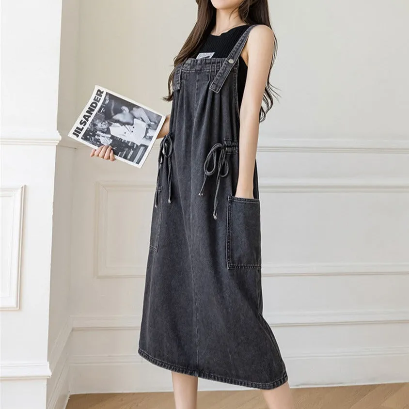 Nostalgic Vibe Drawstring Denim Overall Dress