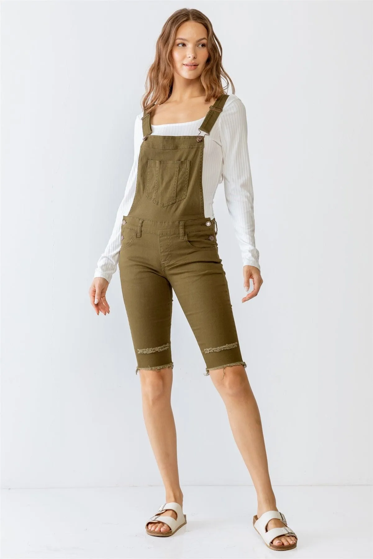 Olive Denim Distressed Detail Raw Hem Cropped Bermuda Overall /4-2-1