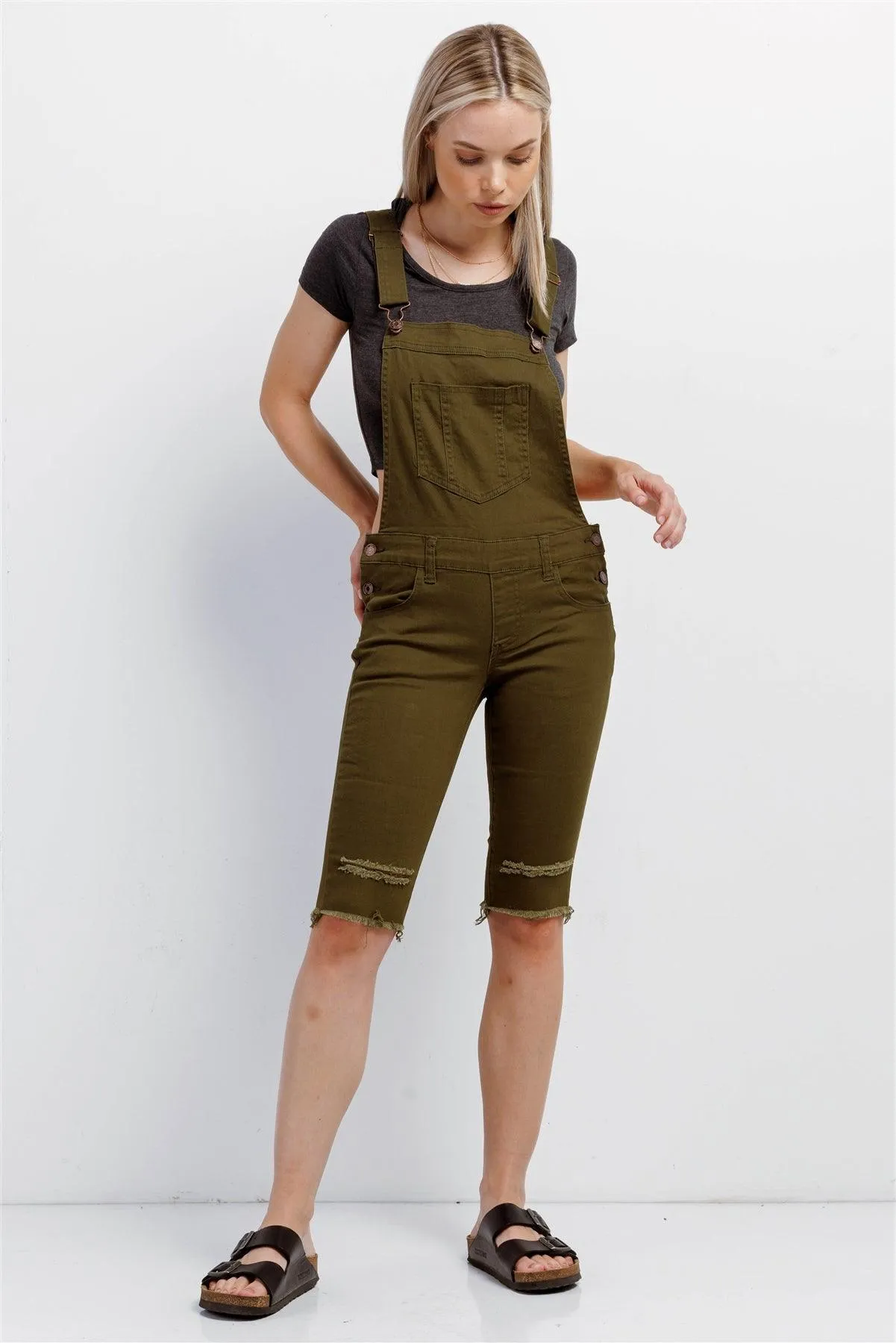 Olive Denim Distressed Detail Raw Hem Cropped Bermuda Overall /4-2-1