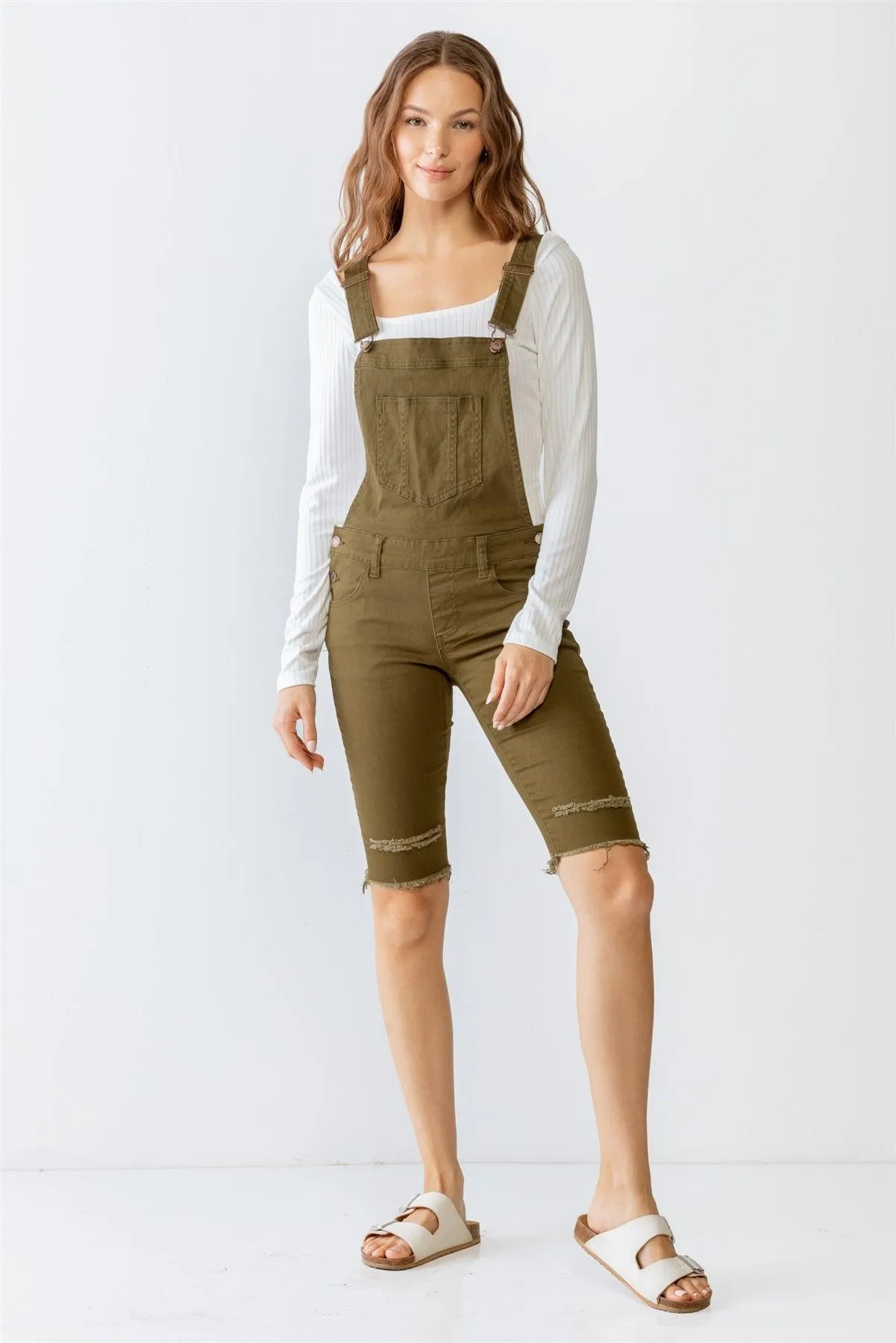 Olive Denim Distressed Detail Raw Hem Cropped Bermuda Overall /4-2-1