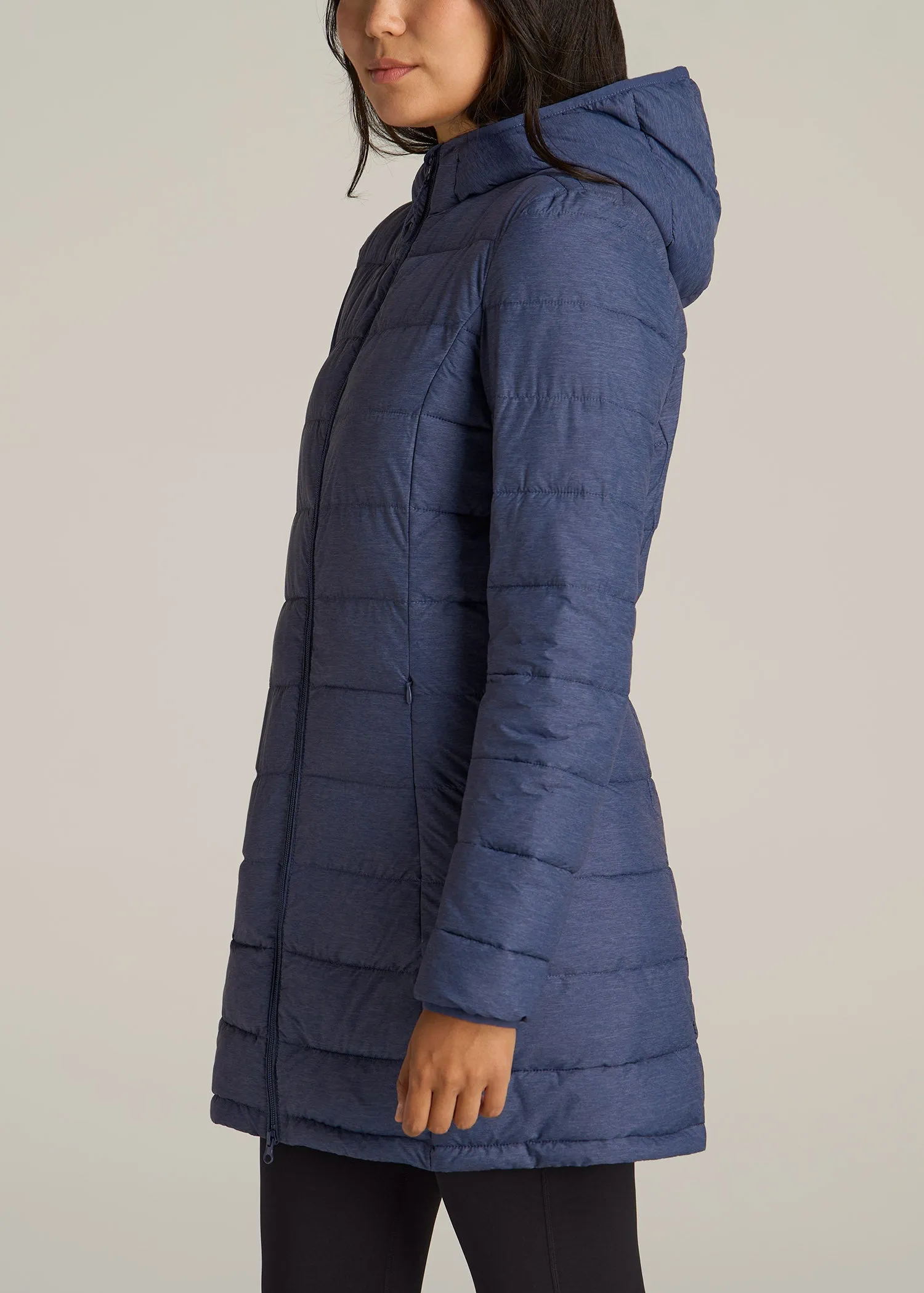 Packable Puffer Jacket for Tall Women in Blue Space Dye