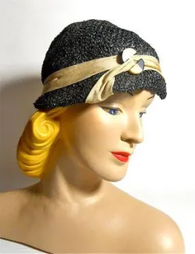 Pewter Grey Sisal Cloche Hat with Deco Trimming circa 1930s