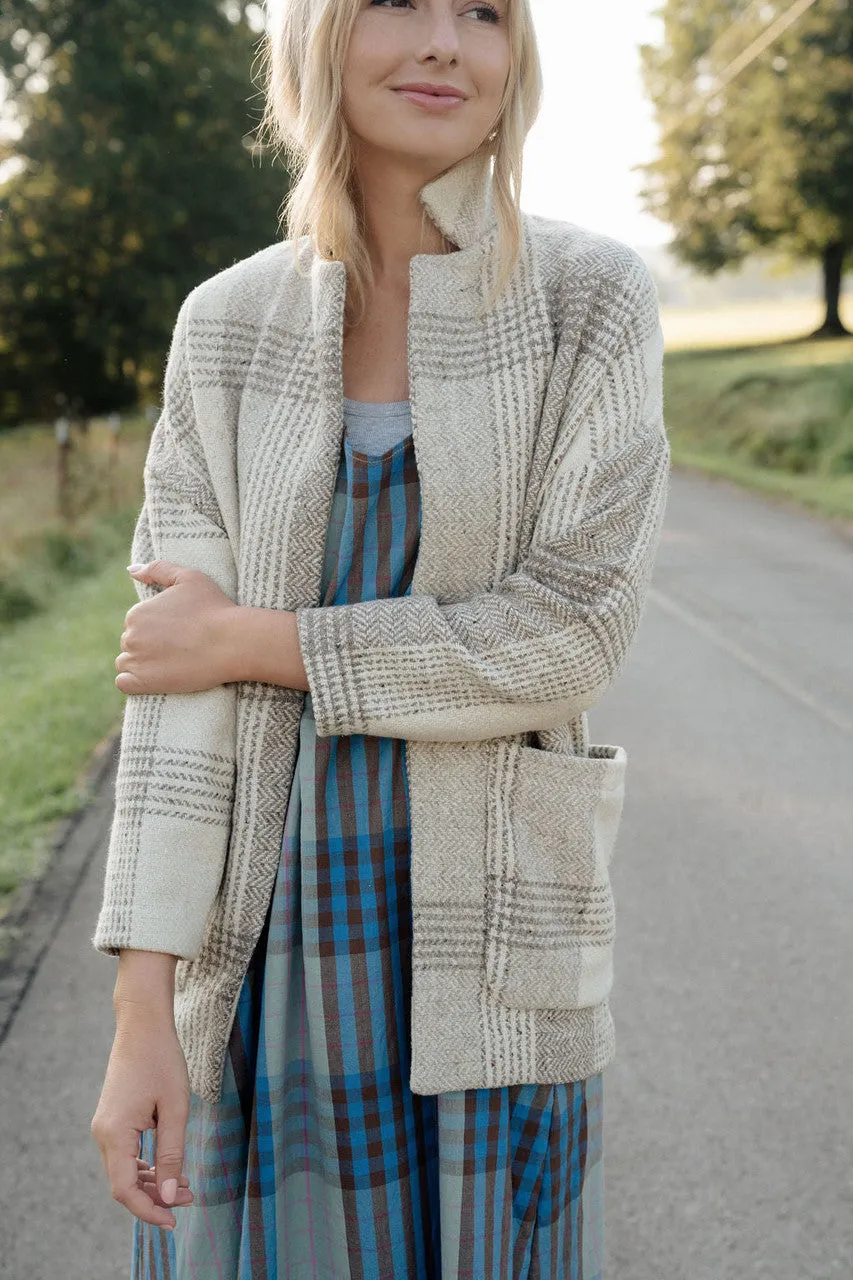 Portuguese Wool Pieper Coat in Cream and Brown Plaid - XL Left