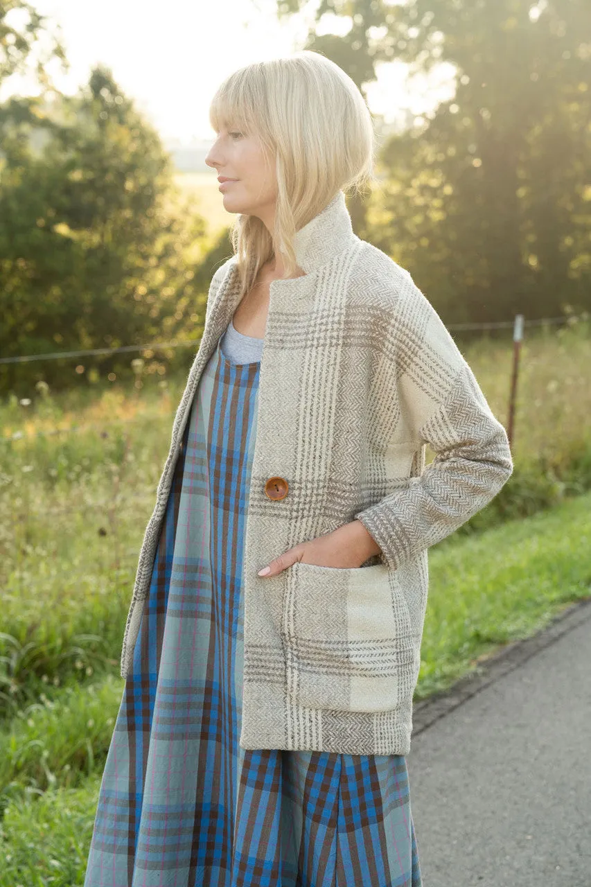 Portuguese Wool Pieper Coat in Cream and Brown Plaid - XL Left