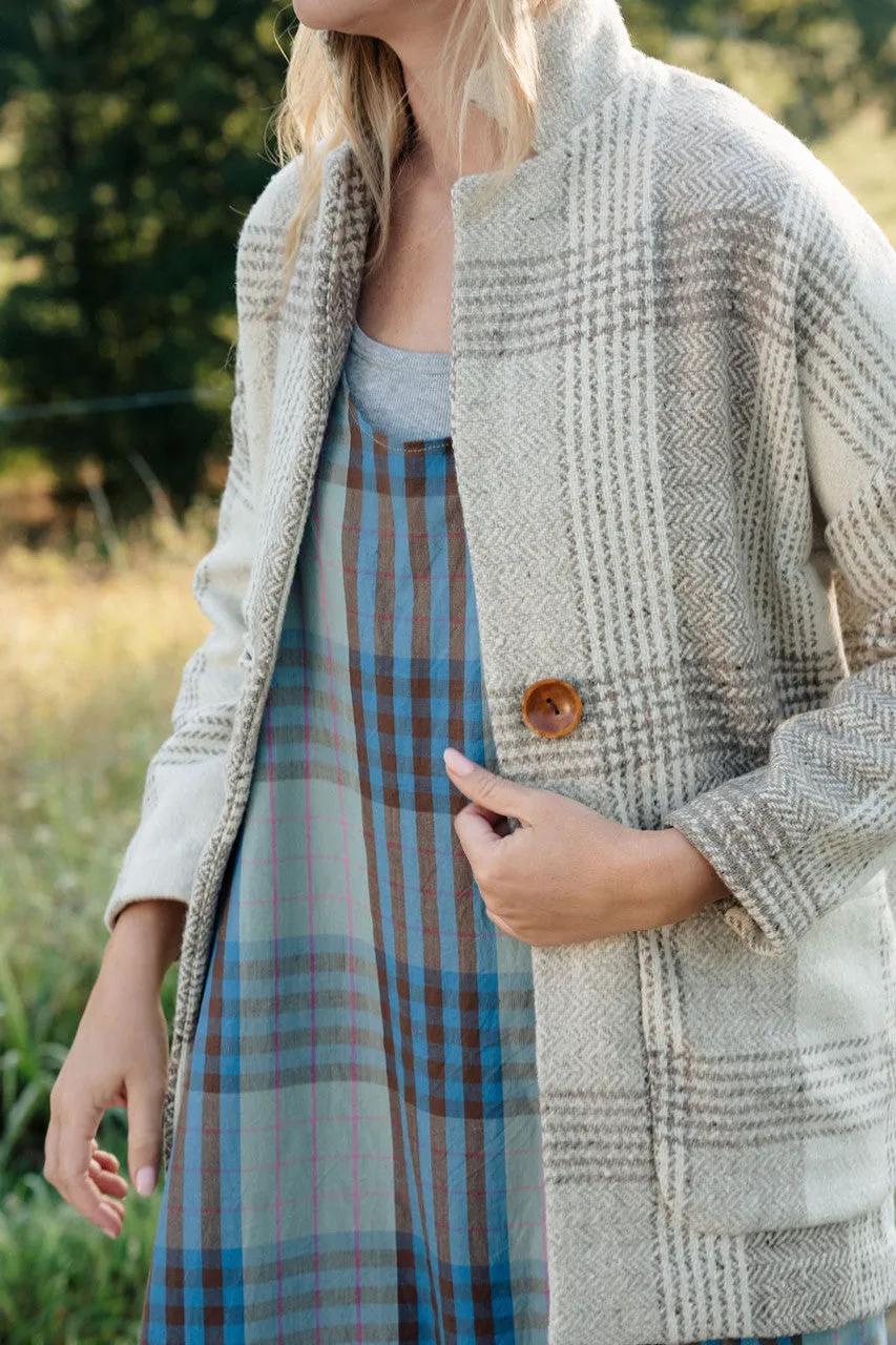 Portuguese Wool Pieper Coat in Cream and Brown Plaid - XL Left