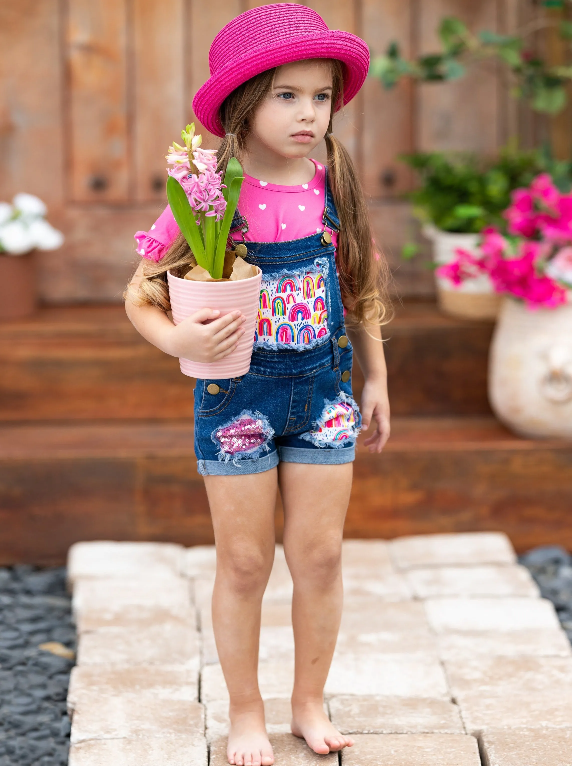 Rainbow Polka Heart Denim Overall Set