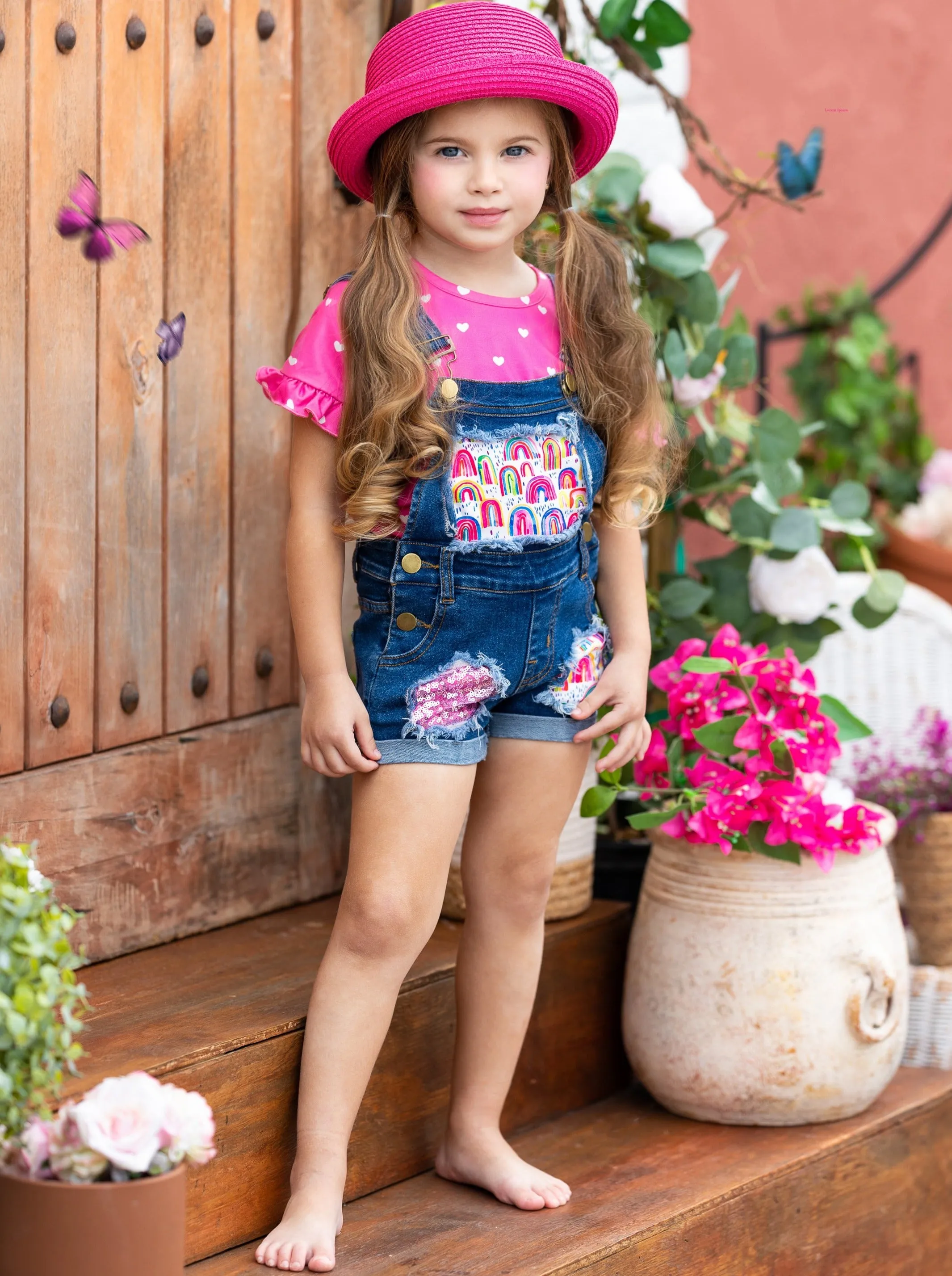 Rainbow Polka Heart Denim Overall Set