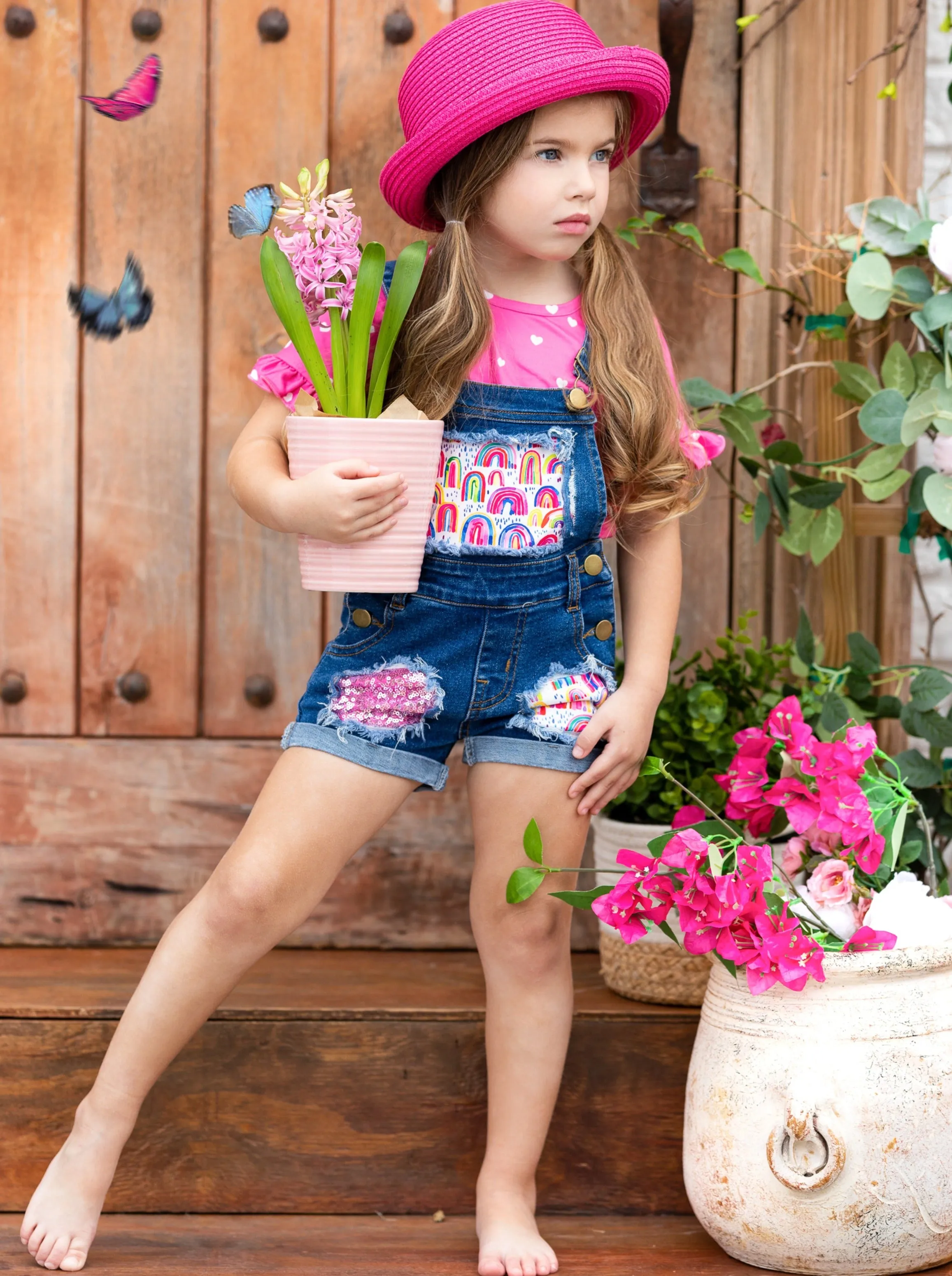 Rainbow Polka Heart Denim Overall Set