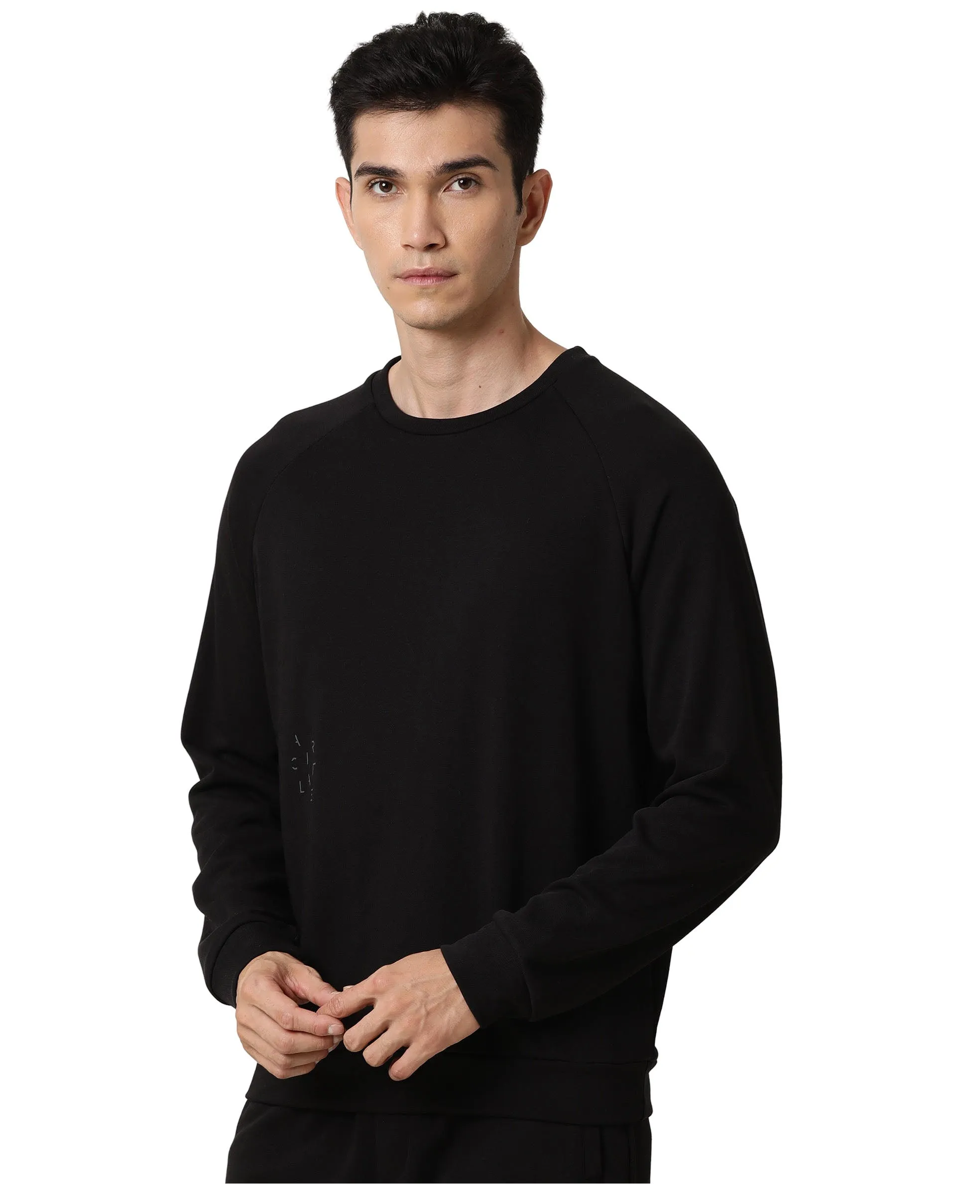 Rare Rabbit Articale Men's Arum Double Black Cotton Fabric Full Sleeves Solid Sweatshirt